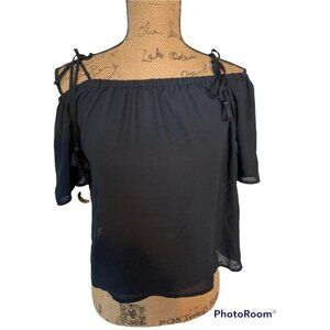 🍒 2/$20 🍒 Black Open Shoulder with Ties Short Sleeve sz 4 JCrew Blouse